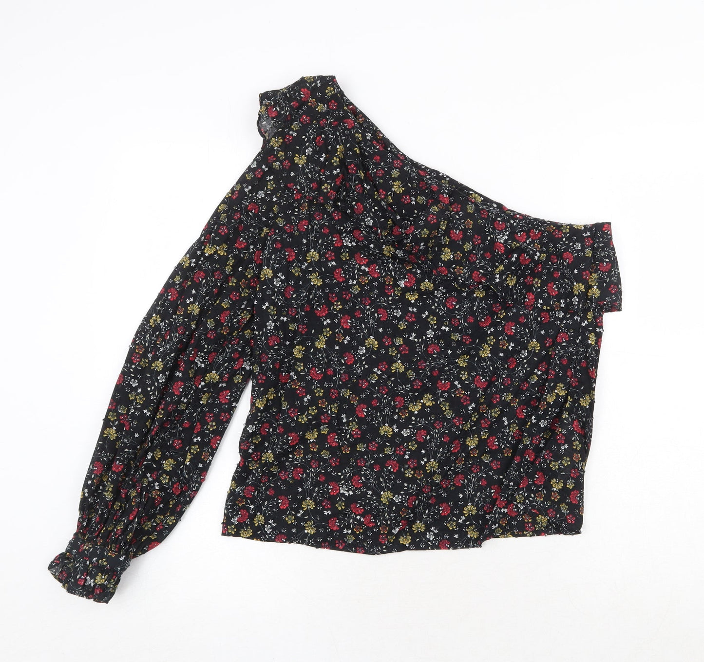 New Look Womens Black Floral 100% Cotton Basic Blouse Size 10 One Shoulder