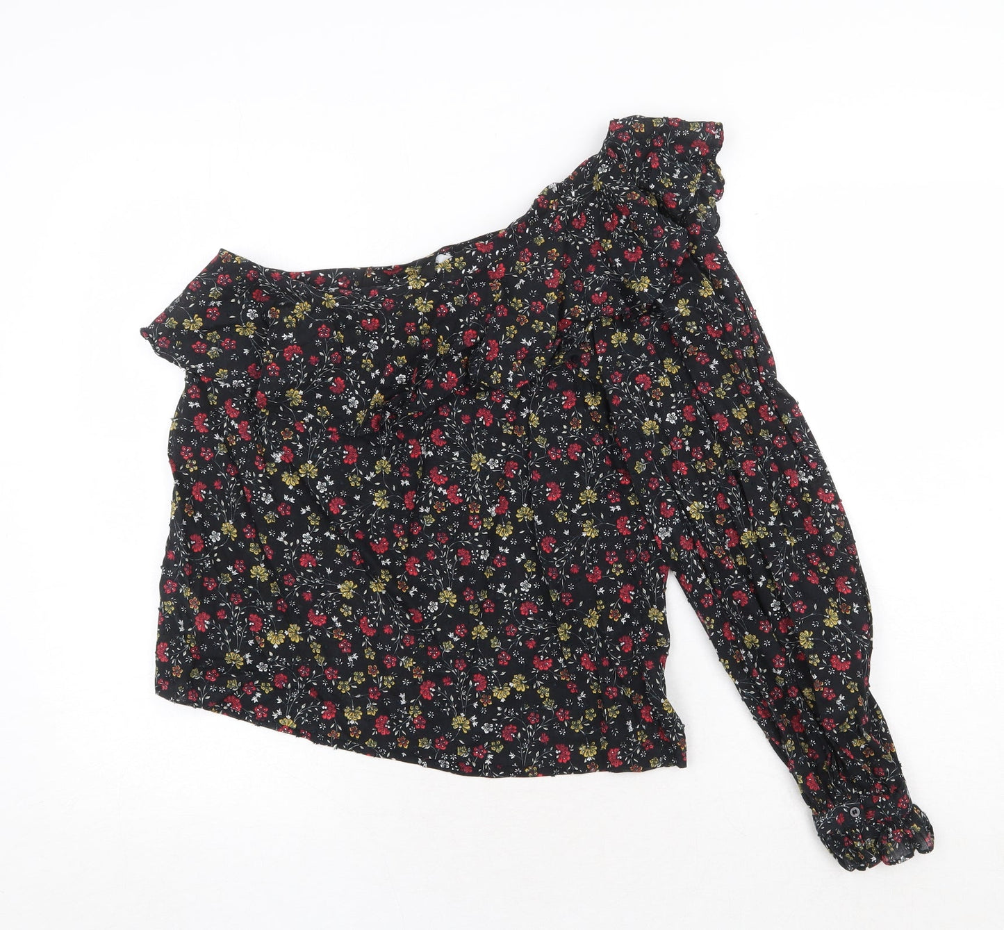 New Look Womens Black Floral 100% Cotton Basic Blouse Size 10 One Shoulder
