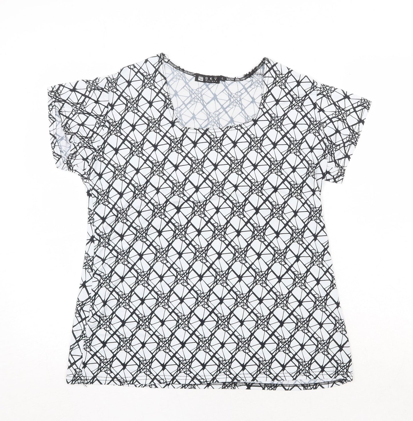 Sky Designs Womens White Geometric Polyester Basic T-Shirt Size L Square Neck