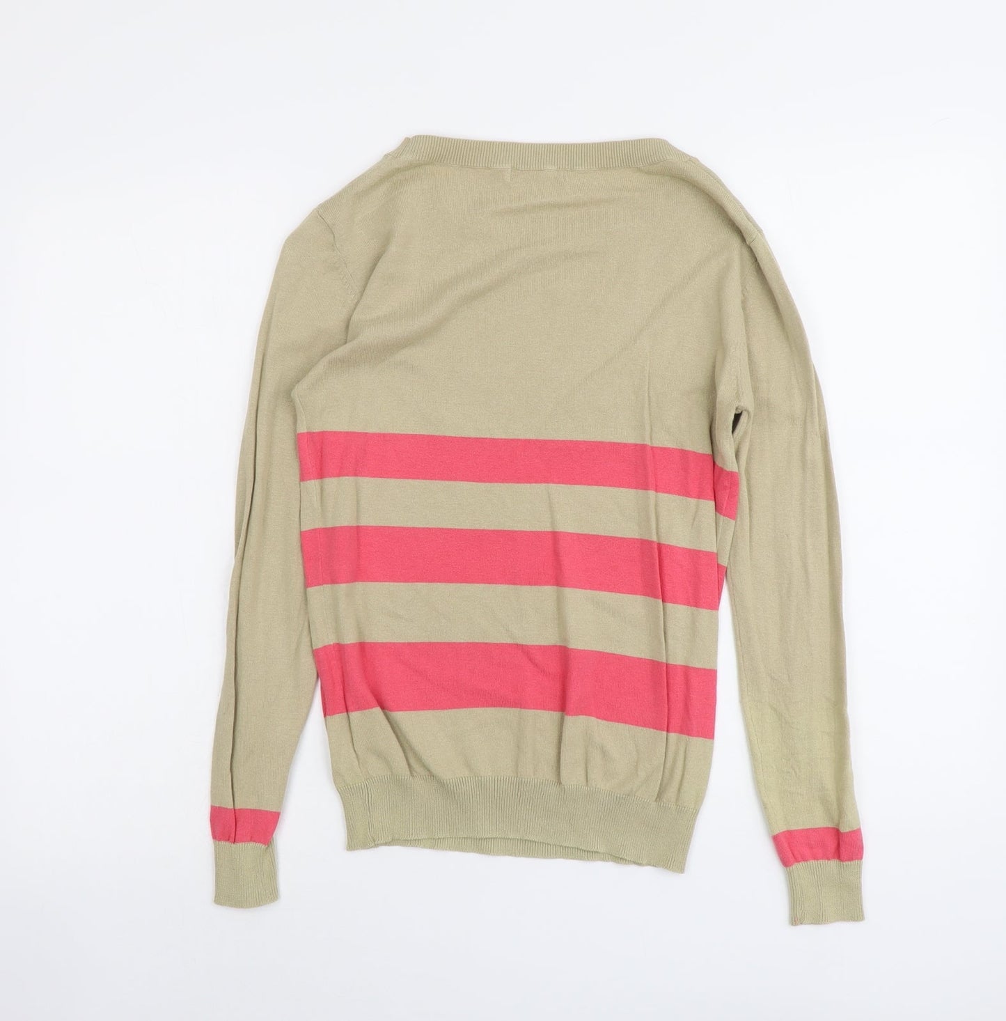 South Womens Beige Round Neck Striped Cotton Pullover Jumper Size 8