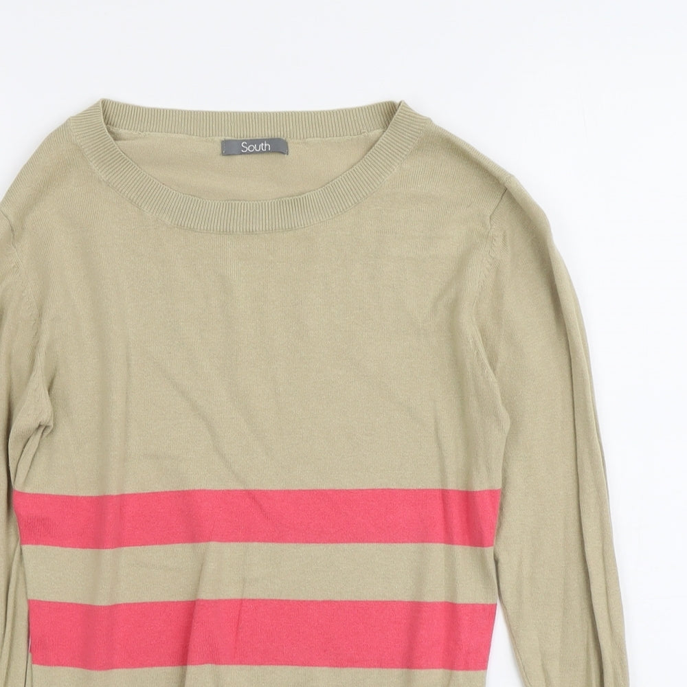 South Womens Beige Round Neck Striped Cotton Pullover Jumper Size 8