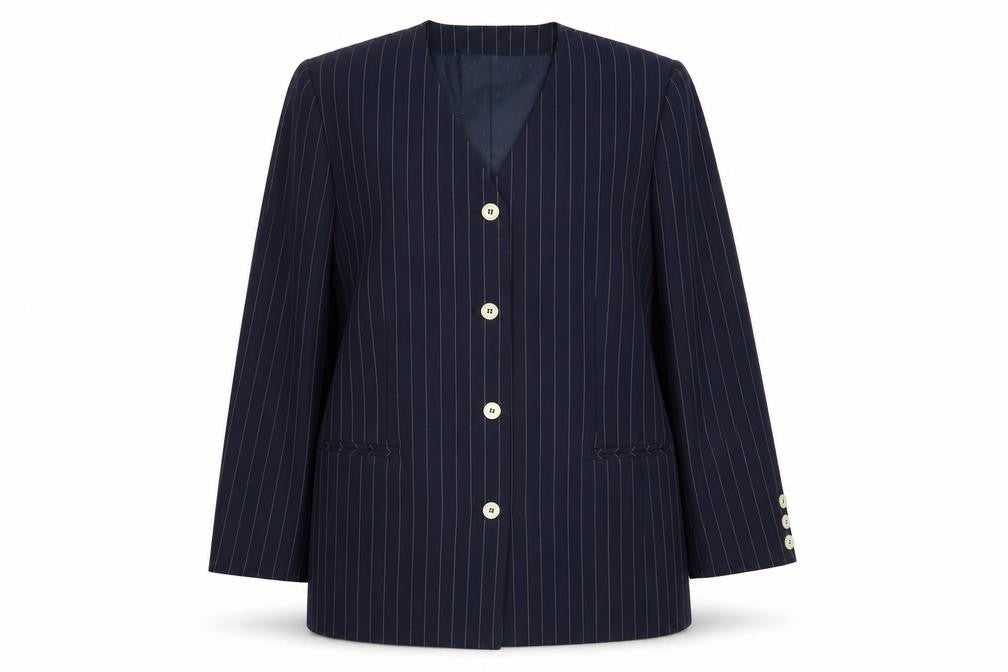 Front view of C&A women’s blue striped polyester jacket suit jacket, size UK 14