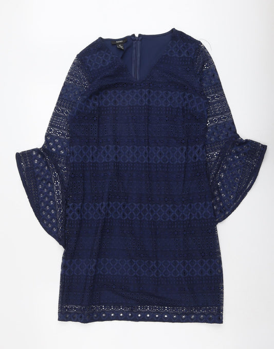 Alfant Womens Blue Geometric Polyester A-Line Size 4 V-Neck Zip