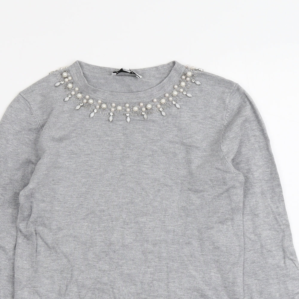 Warehouse Womens Grey Round Neck Viscose Pullover Jumper Size 6