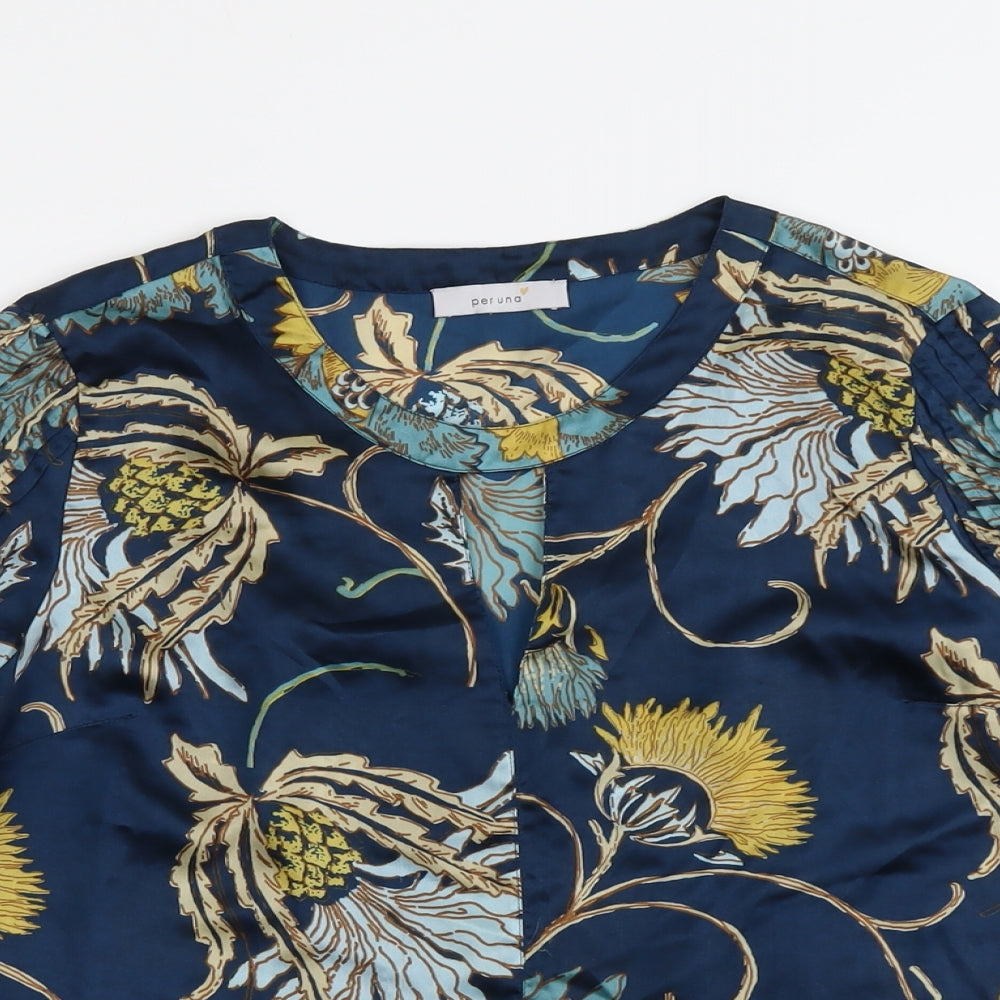 Per Una Womens Blue Floral Polyester Basic Blouse Size 10 Round Neck