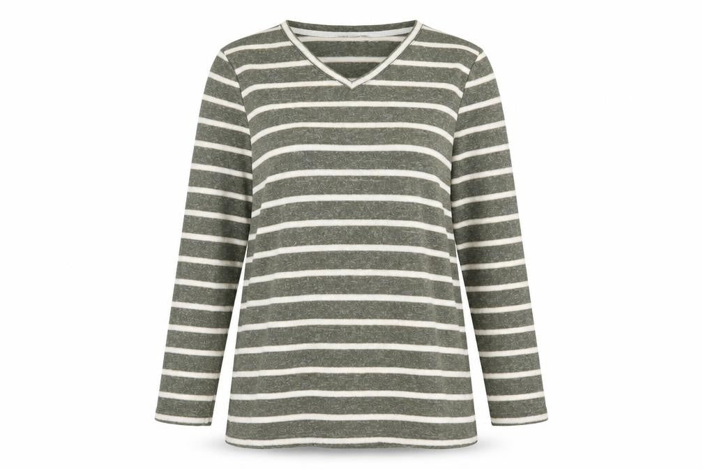 Bonmarché Womens Green V-Neck Striped Polyester Pullover Jumper Size 12