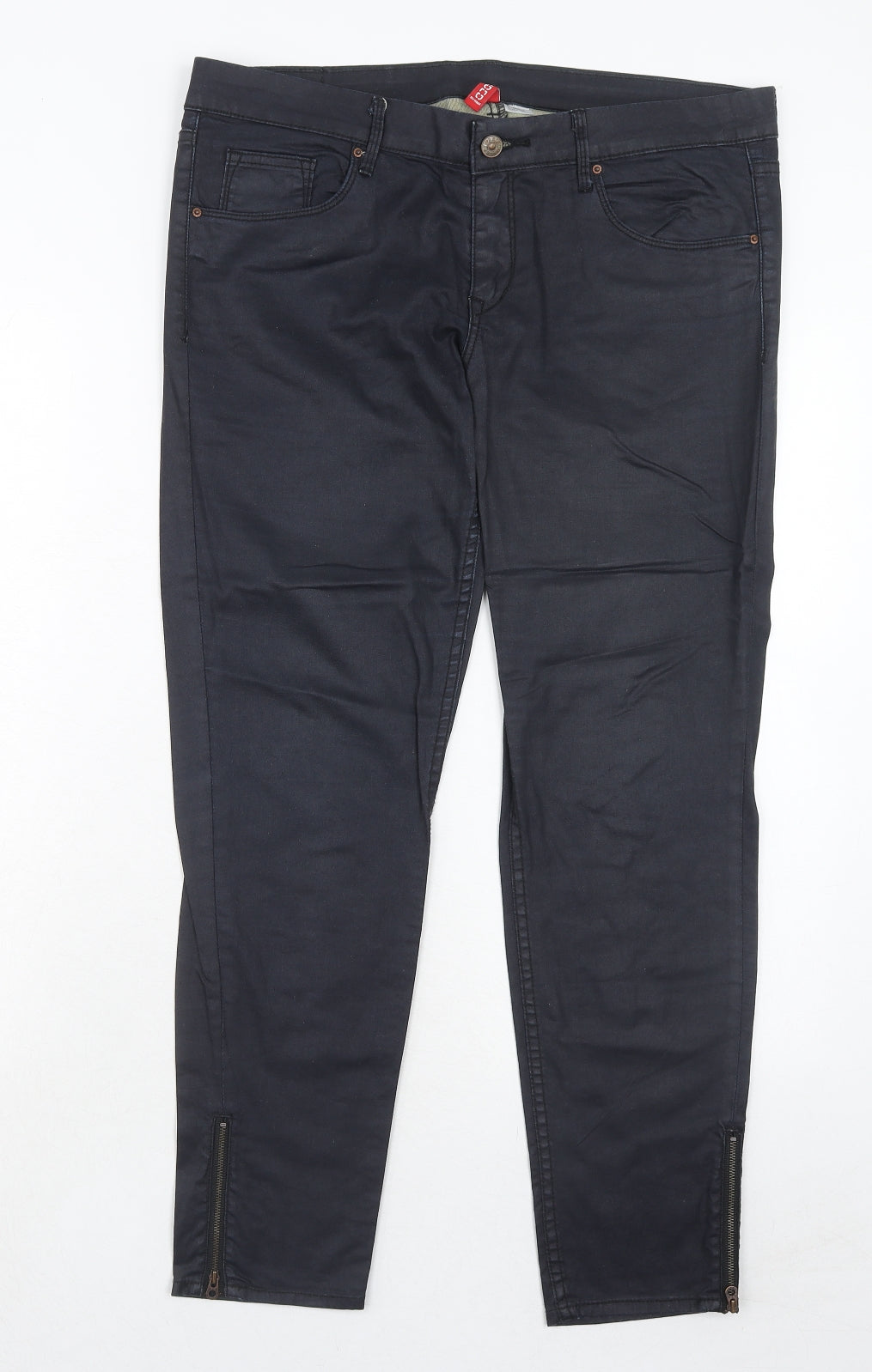 H&M Womens Black Cotton Trousers Size 12 Regular Zip - Coated