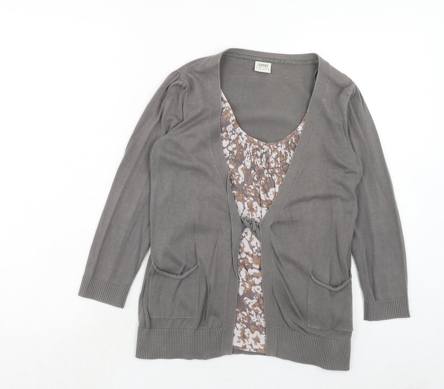 Esprit Womens Grey Scoop Neck Geometric Cotton Cardigan Jumper Size S