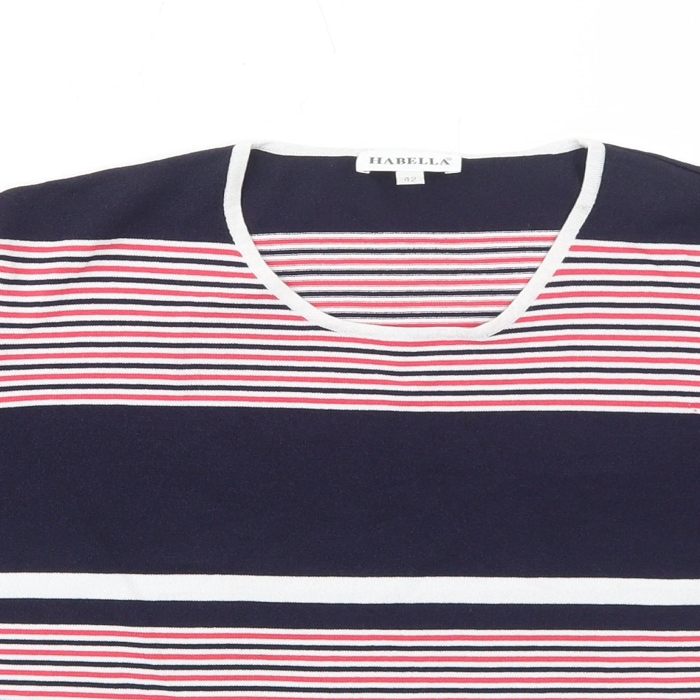 Habella Womens Blue Striped Nylon Basic T-Shirt Size 14 Round Neck