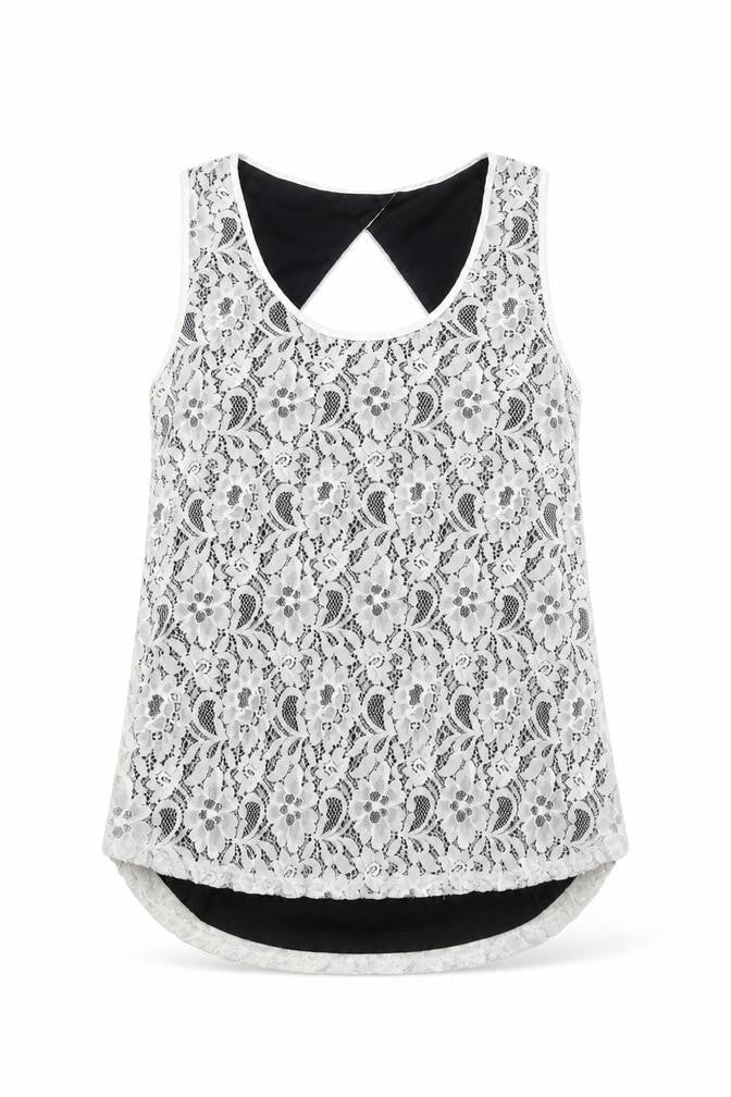 Oasis Womens White Geometric Polyamide Basic Tank Size S Round Neck - Open Back