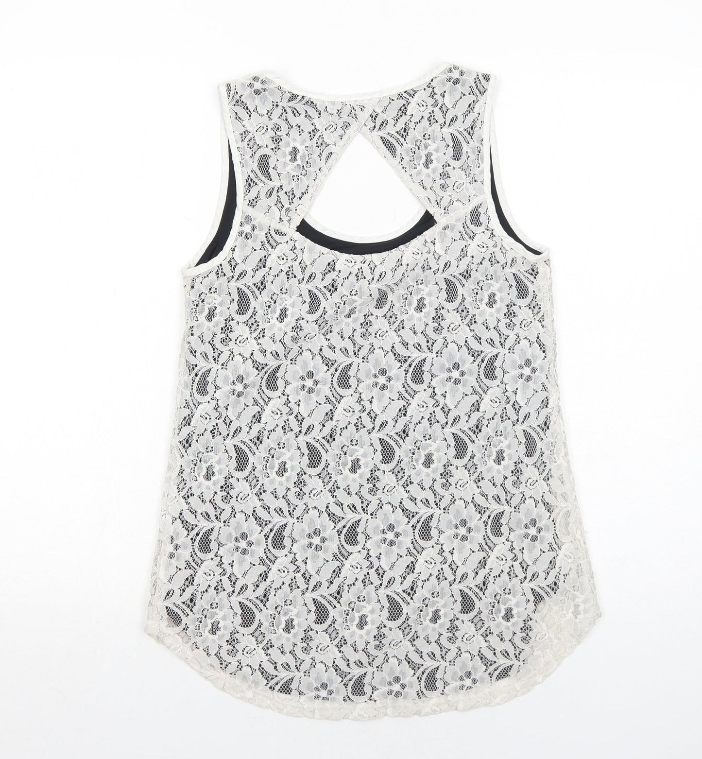 Oasis Womens White Geometric Polyamide Basic Tank Size S Round Neck - Open Back