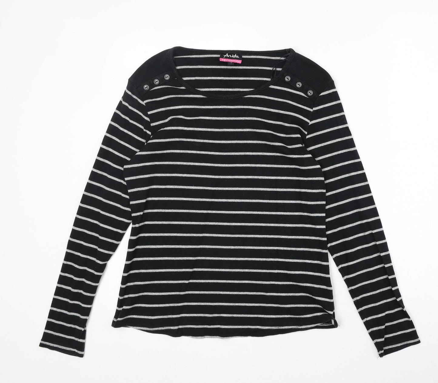 Arista Womens Black Striped Cotton Basic Blouse Size 14 Round Neck
