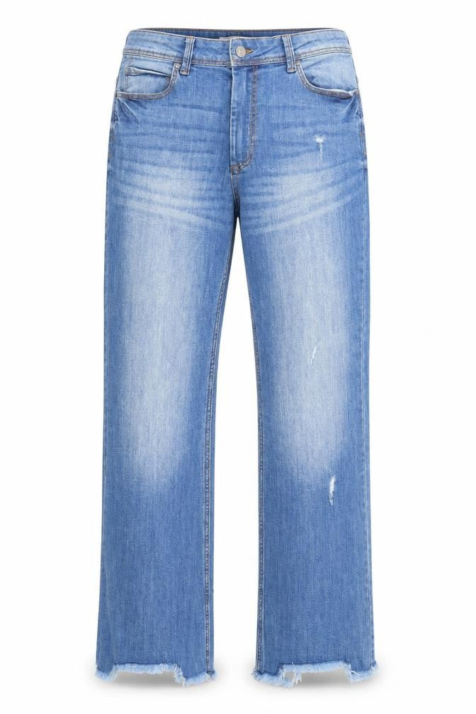 Front view of JDY women’s blue cotton straight jeans, size UK 32, in, 32-inch leg regular zip