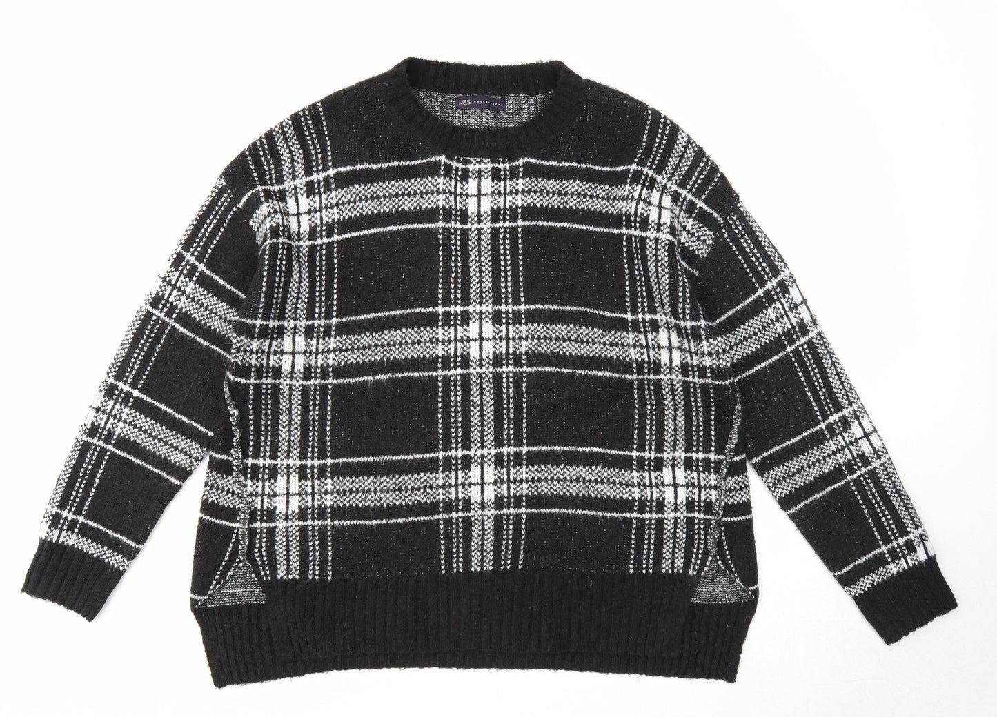 Marks and Spencer Womens Black Round Neck Plaid Acrylic Pullover Jumper Size L