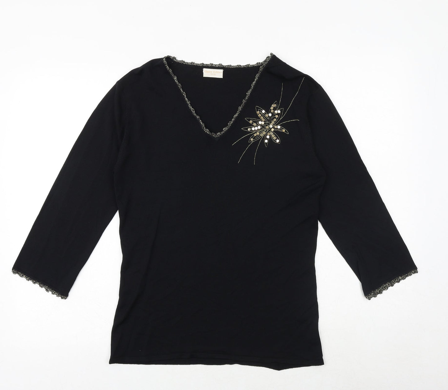 Claire Ashton Womens Black Viscose Basic Blouse Size 14 V-Neck