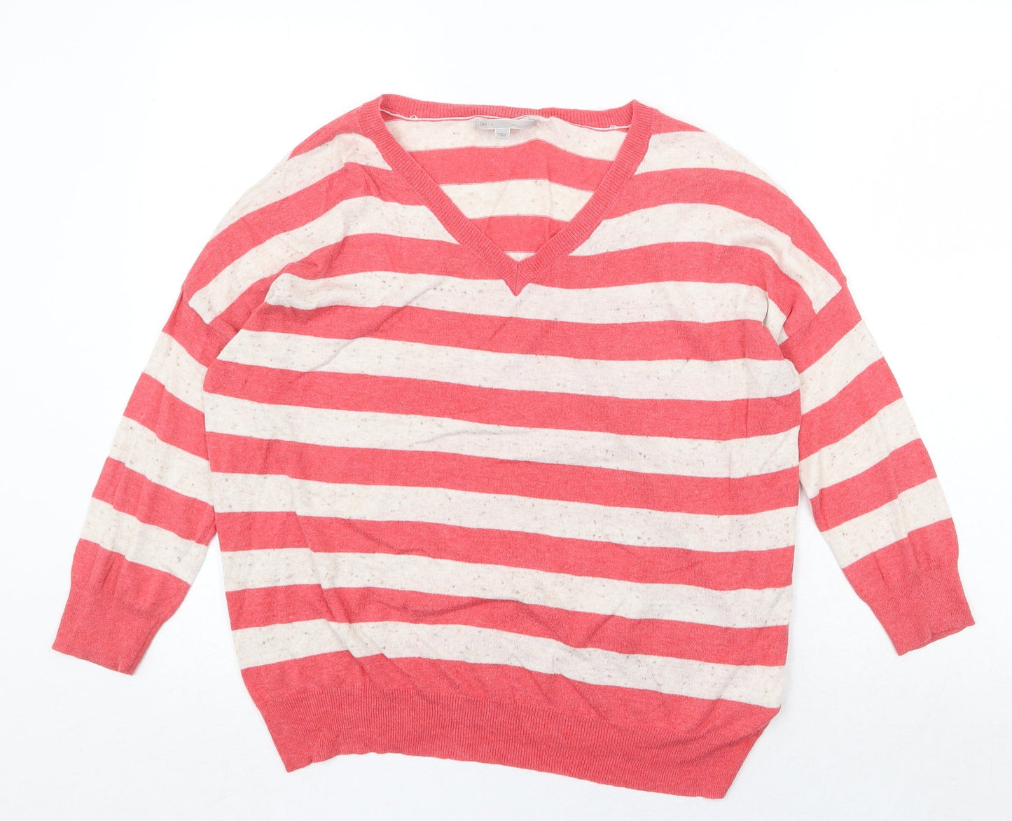 New Look Womens Red V-Neck Striped Cotton Pullover Jumper Size M