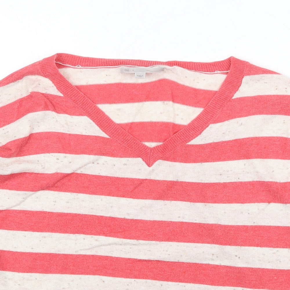 New Look Womens Red V-Neck Striped Cotton Pullover Jumper Size M