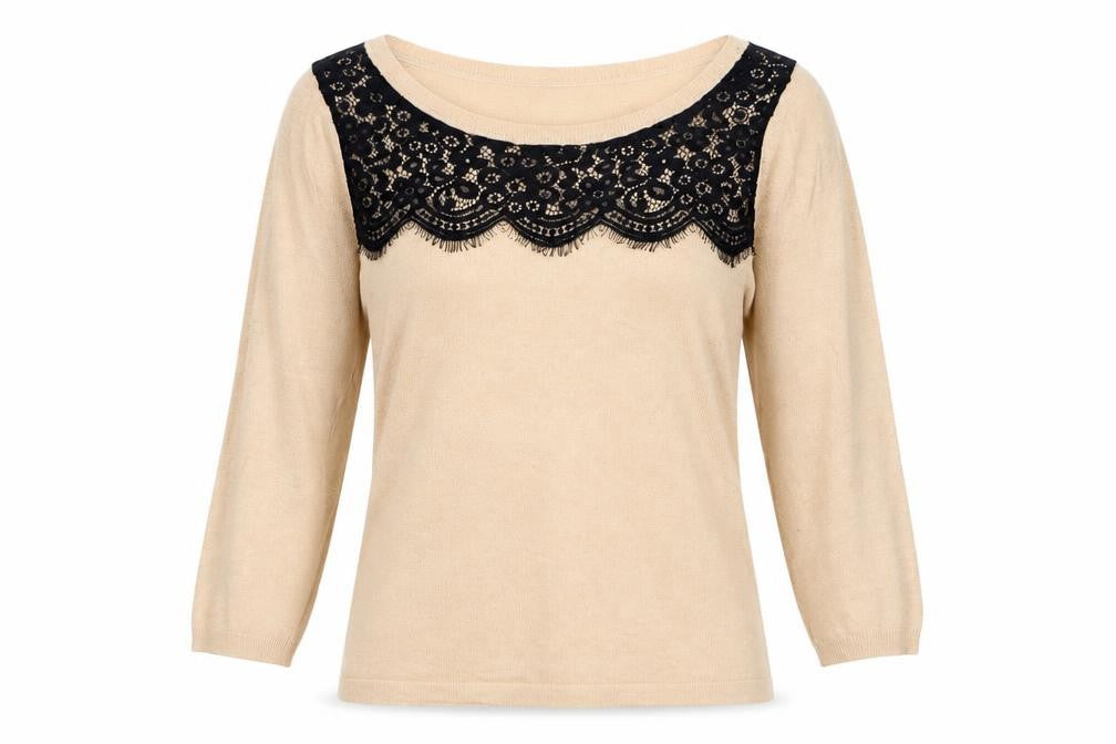 Marks and Spencer Womens Beige Round Neck Viscose Pullover Jumper Size 10 - Lace Detail