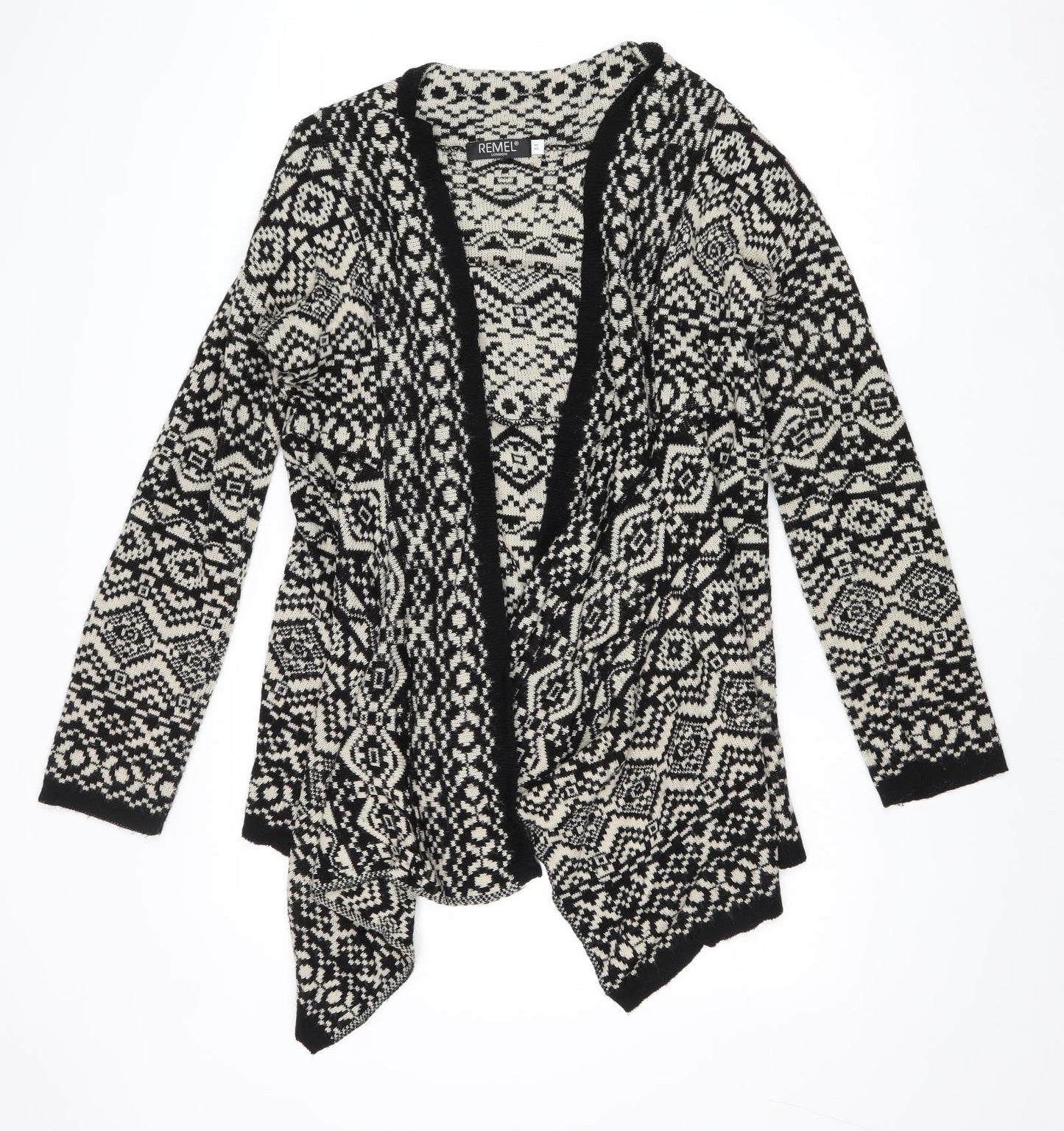 Remel London Womens Black V-Neck Geometric Acrylic Cardigan Jumper Size M