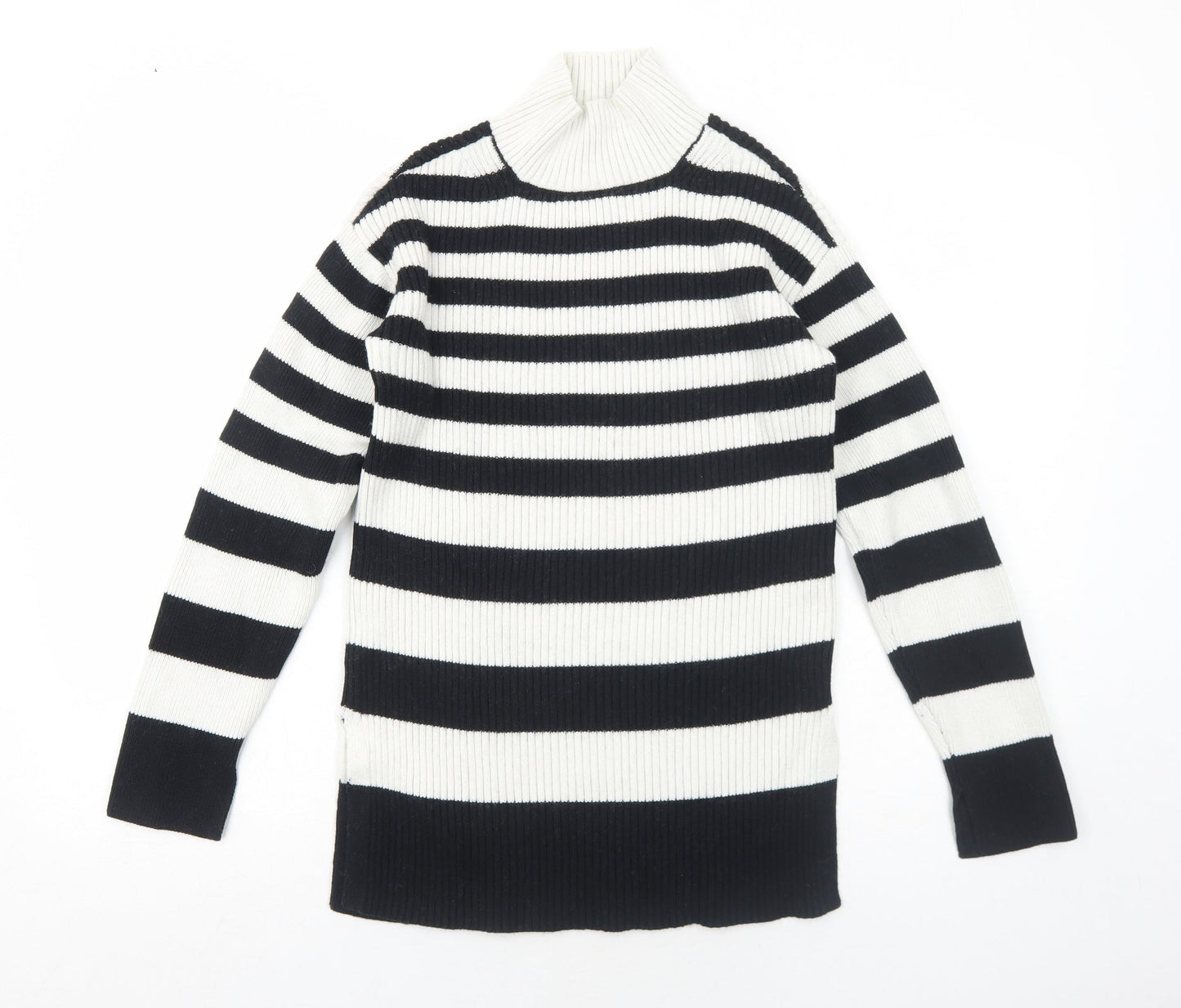 Marks and Spencer Womens Black High Neck Striped Cotton Pullover Jumper Size XS - Ribbed