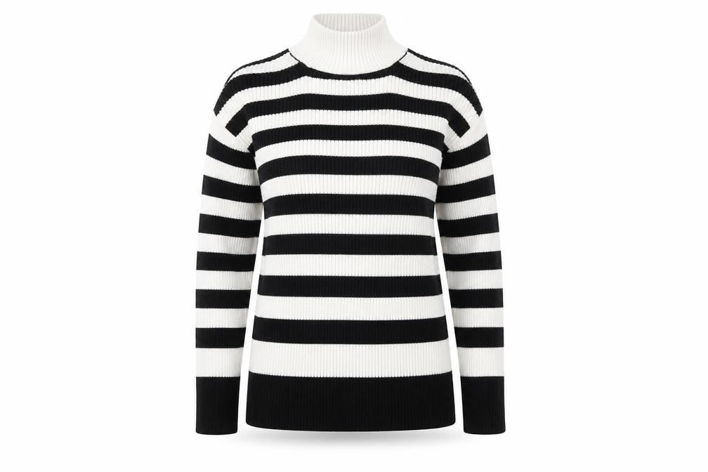 Marks and Spencer Womens Black High Neck Striped Cotton Pullover Jumper Size XS - Ribbed