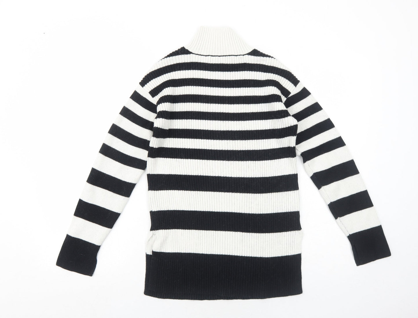Marks and Spencer Womens Black High Neck Striped Cotton Pullover Jumper Size XS - Ribbed