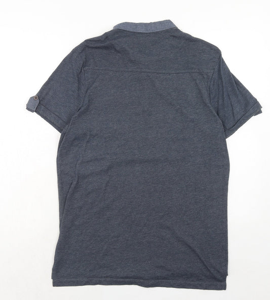 Fabric Mens Blue Cotton Polo Size L Collared Button