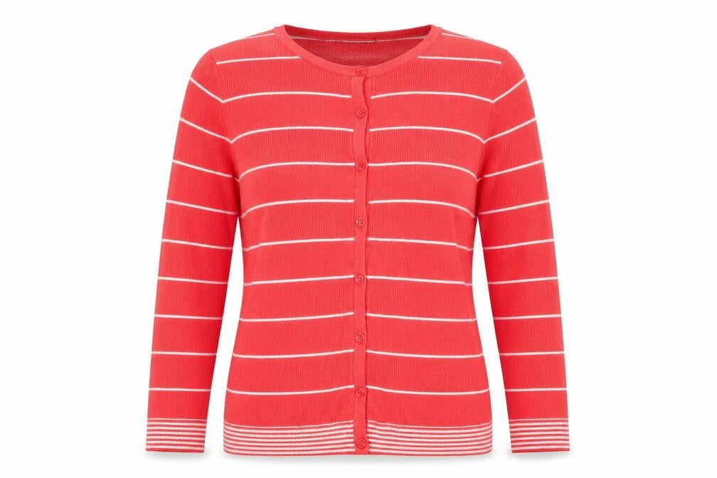 Bonmarché Womens Red Round Neck Striped Cotton Cardigan Jumper Size M