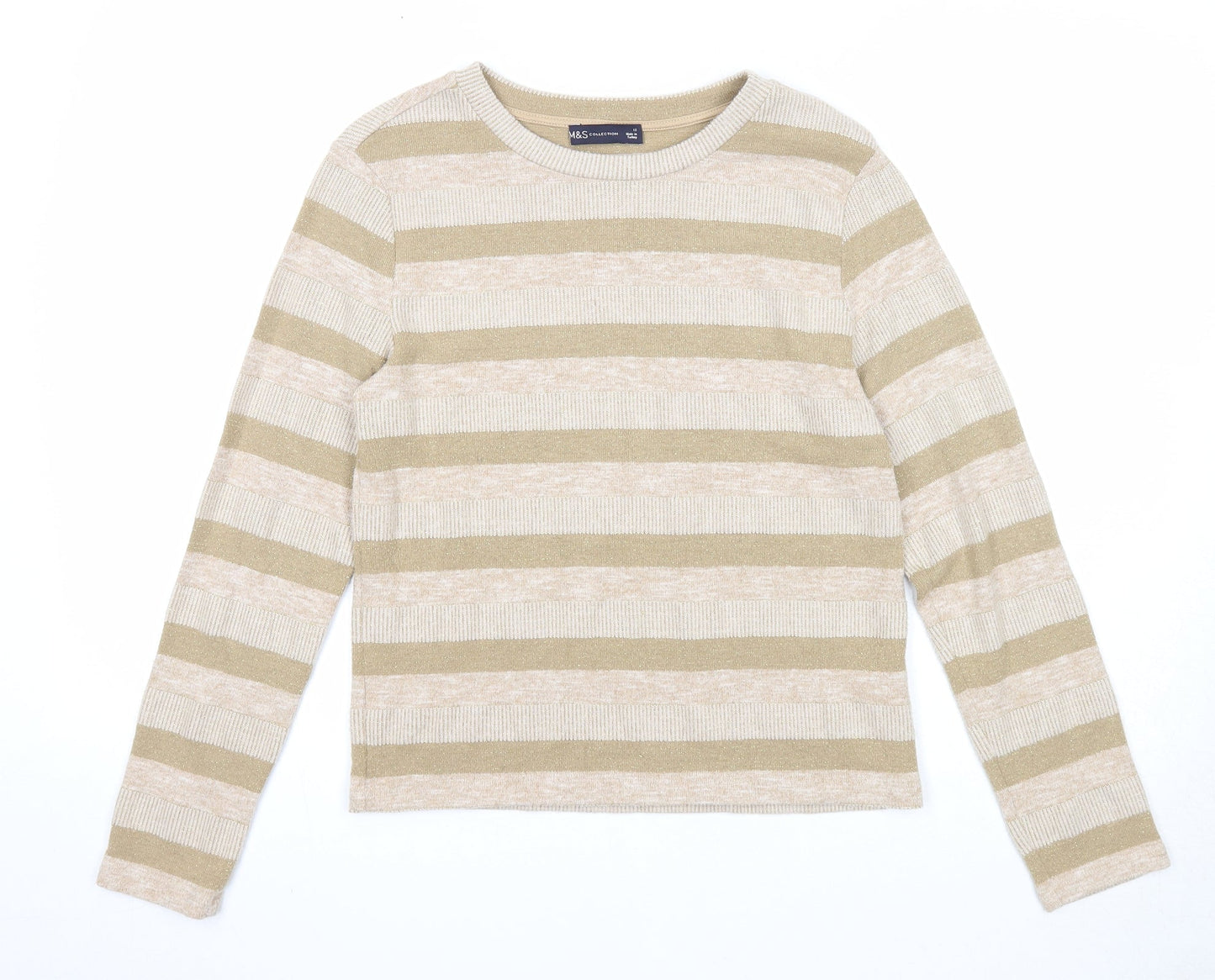 Marks and Spencer Womens Beige Boat Neck Striped Polyester Pullover Jumper Size 12