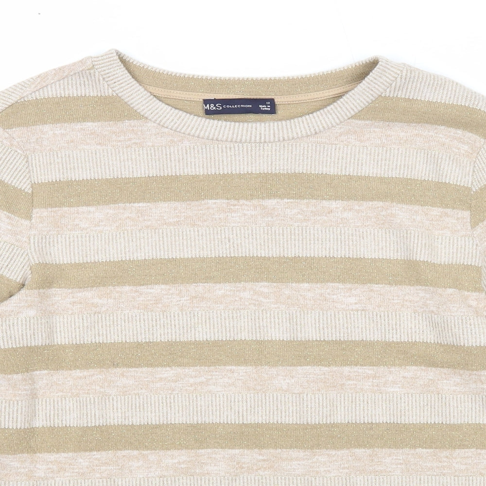 Marks and Spencer Womens Beige Boat Neck Striped Polyester Pullover Jumper Size 12