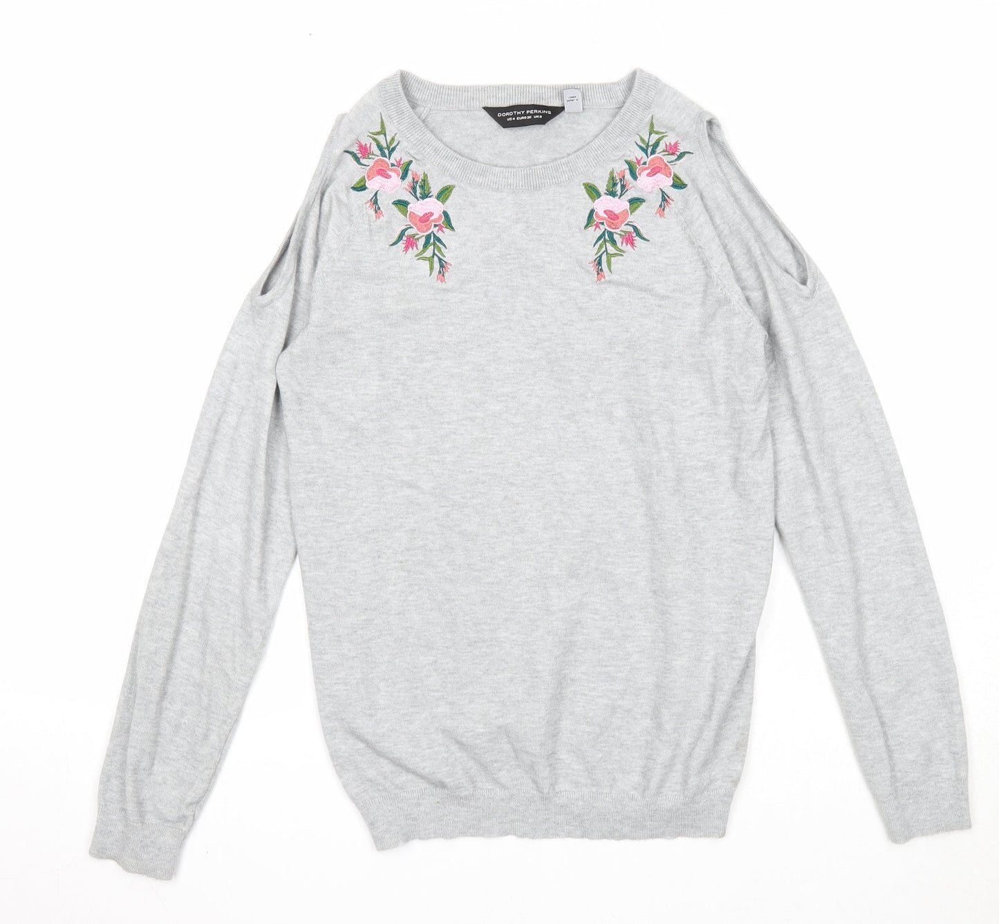 Dorothy Perkins Womens Grey Boat Neck Viscose Pullover Jumper Size 8 - Floral Detail Cold Shoulder