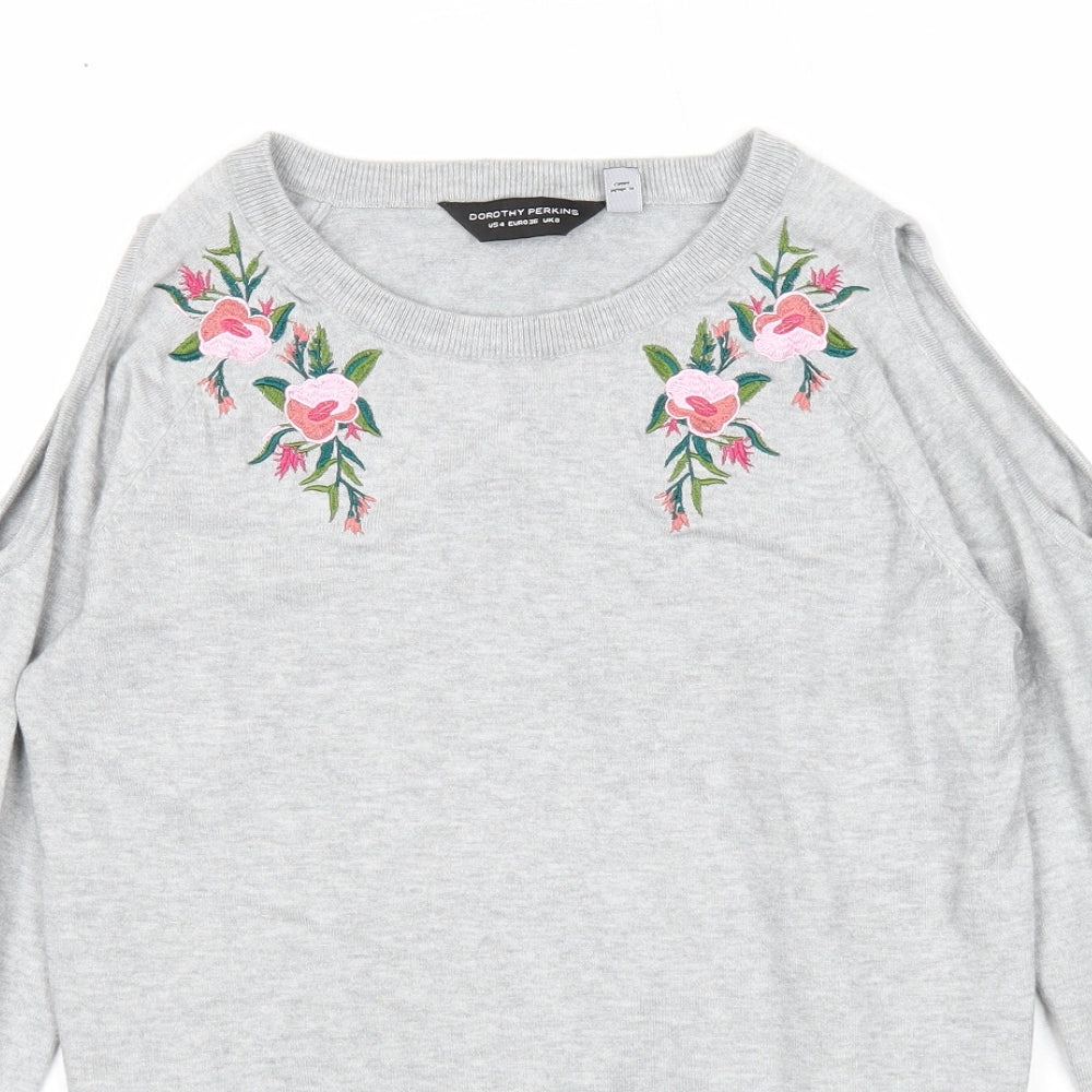 Dorothy Perkins Womens Grey Boat Neck Viscose Pullover Jumper Size 8 - Floral Detail Cold Shoulder