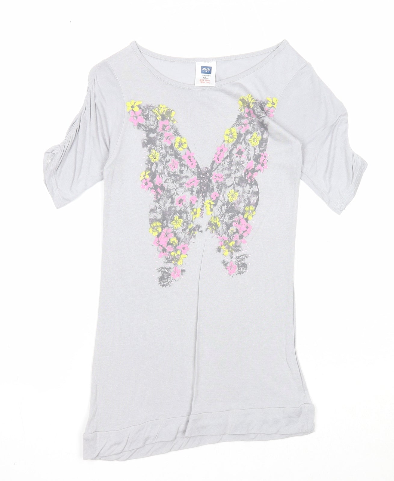 M&Co Girls Grey Viscose Basic Blouse Size 7-8 Years Round Neck Pullover - Butterfly Print