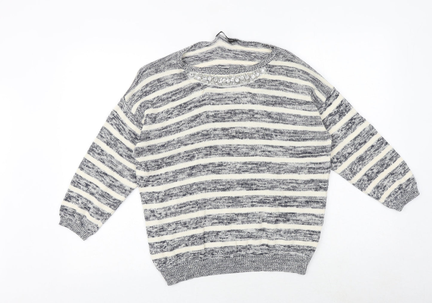 Dorothy Perkins Womens Grey Boat Neck Striped 100% Cotton Pullover Jumper Size 14 - Embellished Neckline