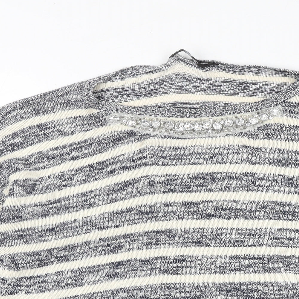 Dorothy Perkins Womens Grey Boat Neck Striped 100% Cotton Pullover Jumper Size 14 - Embellished Neckline