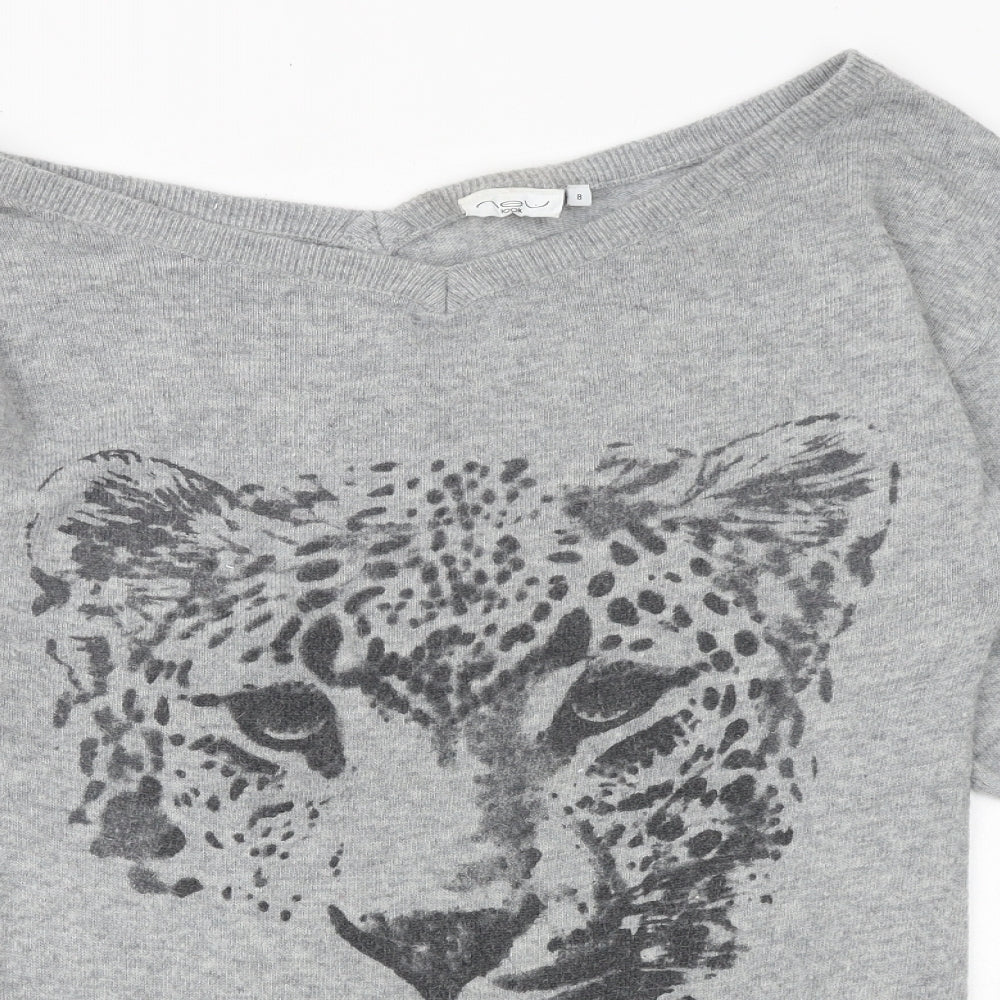 New Look Womens Grey Boat Neck Polyamide Pullover Jumper Size 8 - Leopard