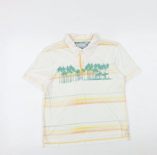 Marks and Spencer Boys White Striped 100% Cotton Basic Polo Size 9-10 Years Collared Button - Surfers