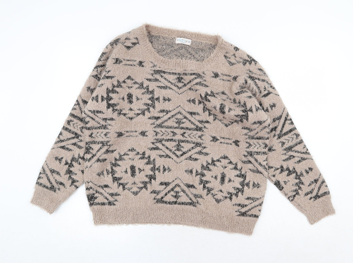 Marks and Spencer Womens Beige Boat Neck Geometric Polyester Pullover Jumper Size 16