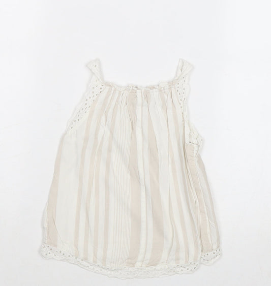 River Island Girls Beige Striped Cotton Basic Tank Size 2-3 Years Round Neck Pullover - Broderie Anglaise