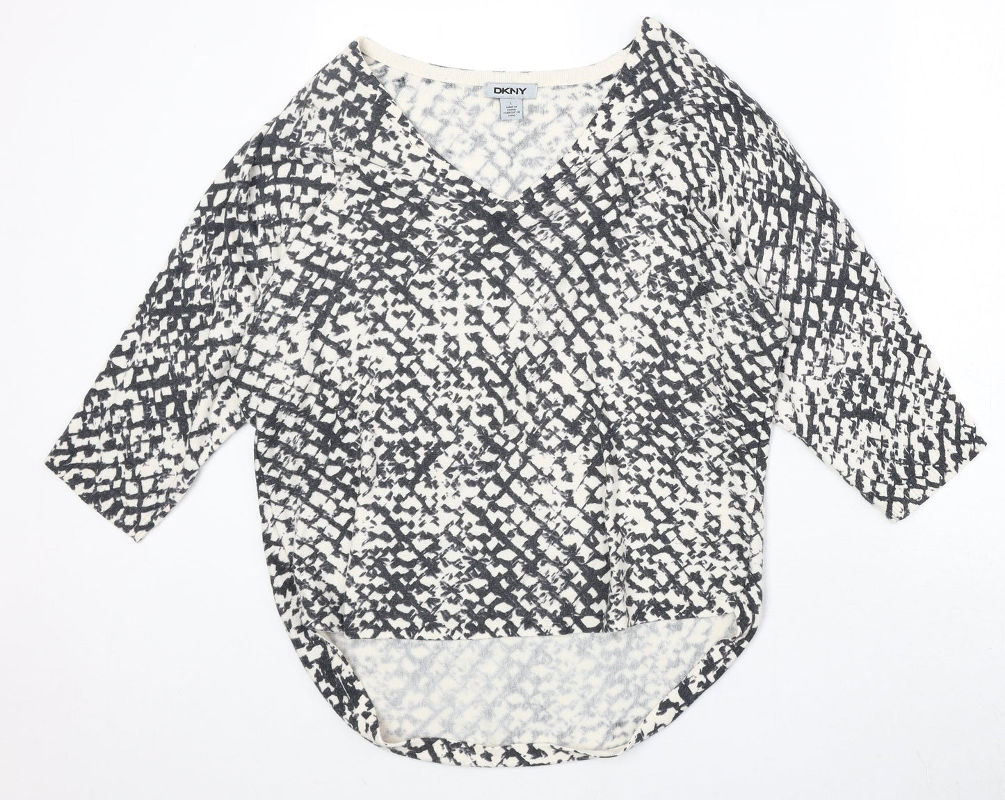 DNKY Womens Beige V-Neck Geometric Viscose Pullover Jumper Size L