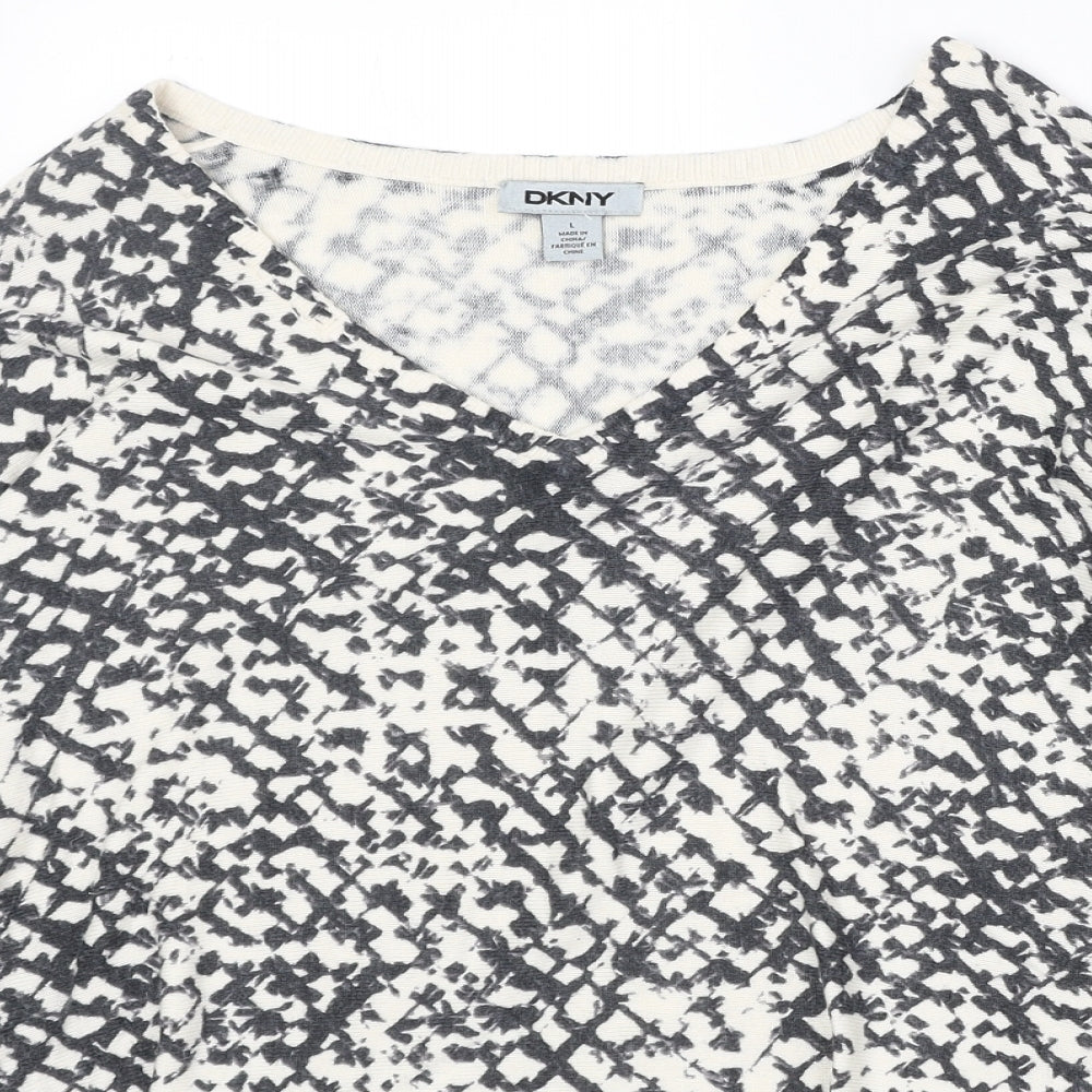 DNKY Womens Beige V-Neck Geometric Viscose Pullover Jumper Size L