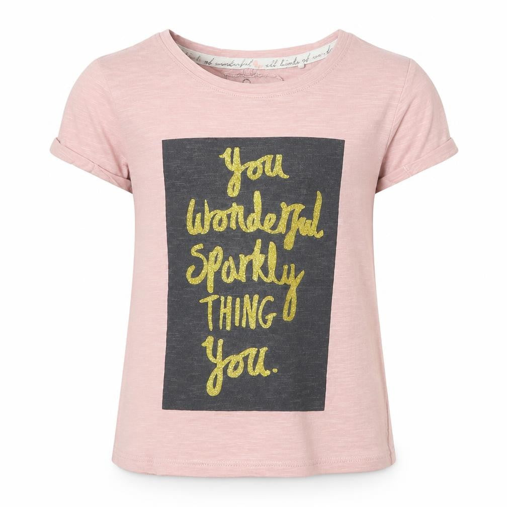 Front view of Next girls’ pink 100% cotton basic t-shirt, size 7, years round neck pullover - you wonderful sparkly thing you