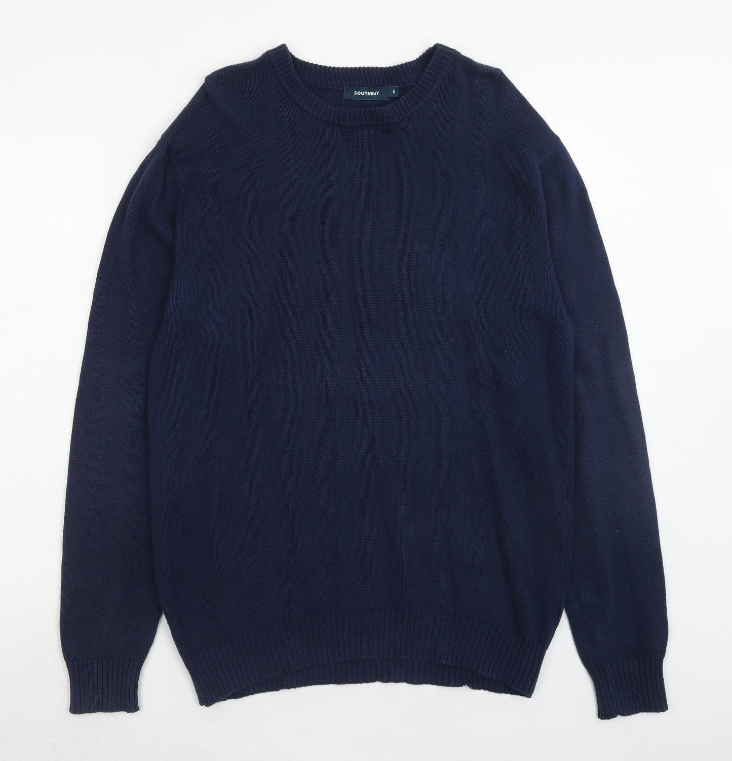 South Bay Mens Blue Round Neck Cotton Pullover Jumper Size S Long Sleeve