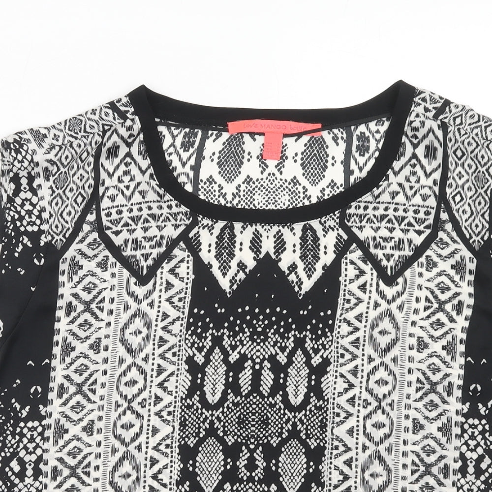 Mango Womens Black Geometric Polyester Basic T-Shirt Size L Round Neck