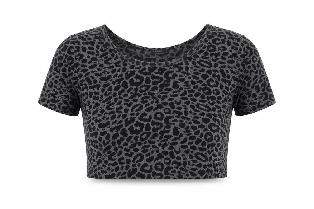 OKAY Womens Grey Animal Print Polyester Cropped T-Shirt Size 8 Round Neck - Leopard Print