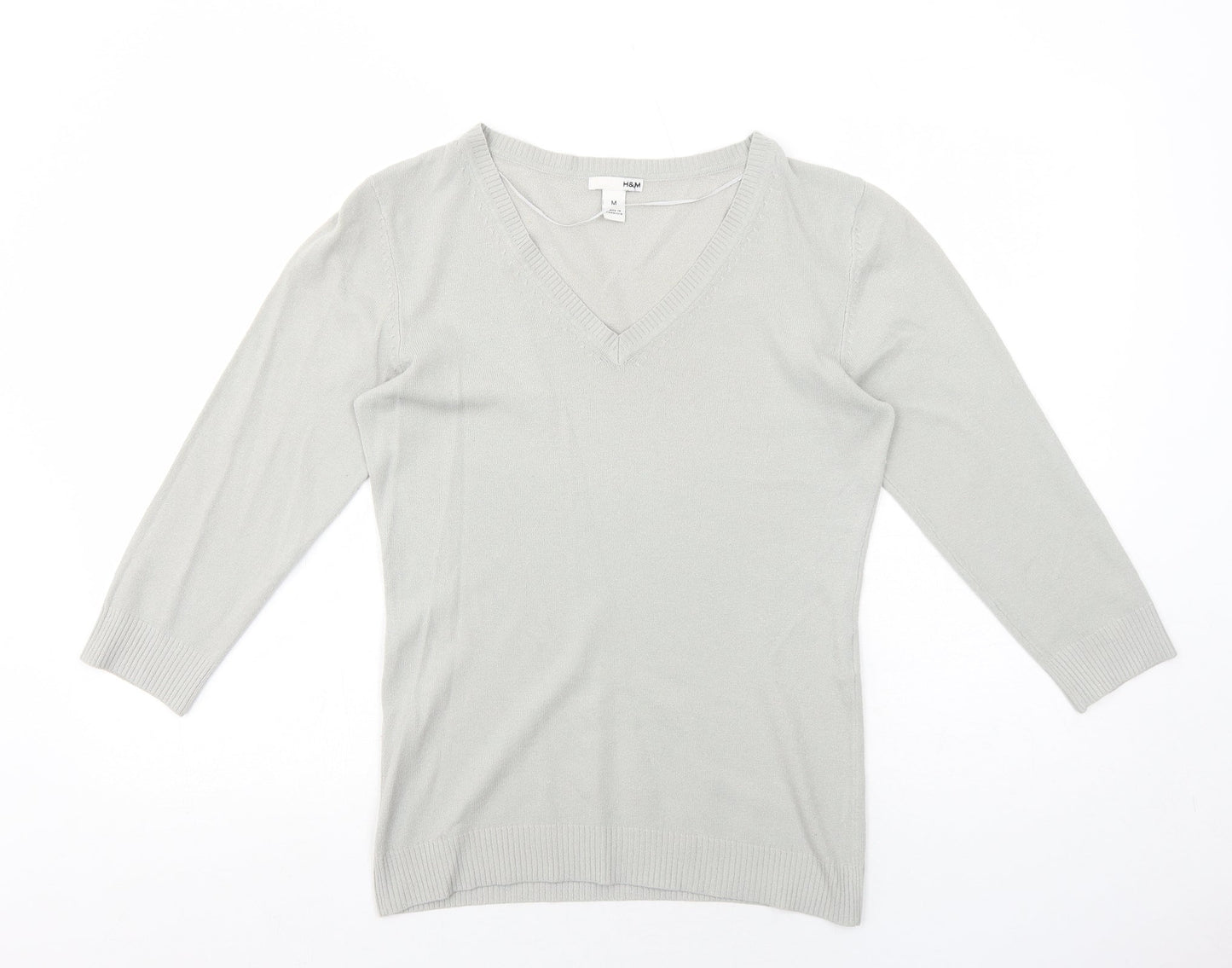 H&M Womens Grey V-Neck Acrylic Pullover Jumper Size M