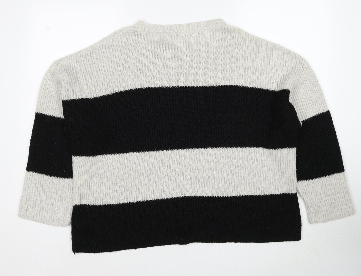 Marks and Spencer Womens Grey Round Neck Striped Acrylic Pullover Jumper Size L