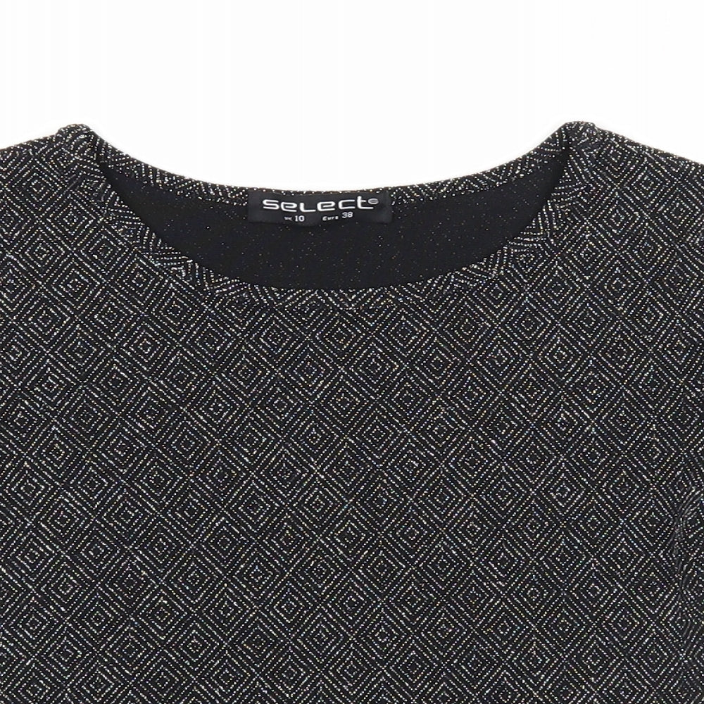 Select Womens Black Geometric Nylon Basic T-Shirt Size 10 Round Neck