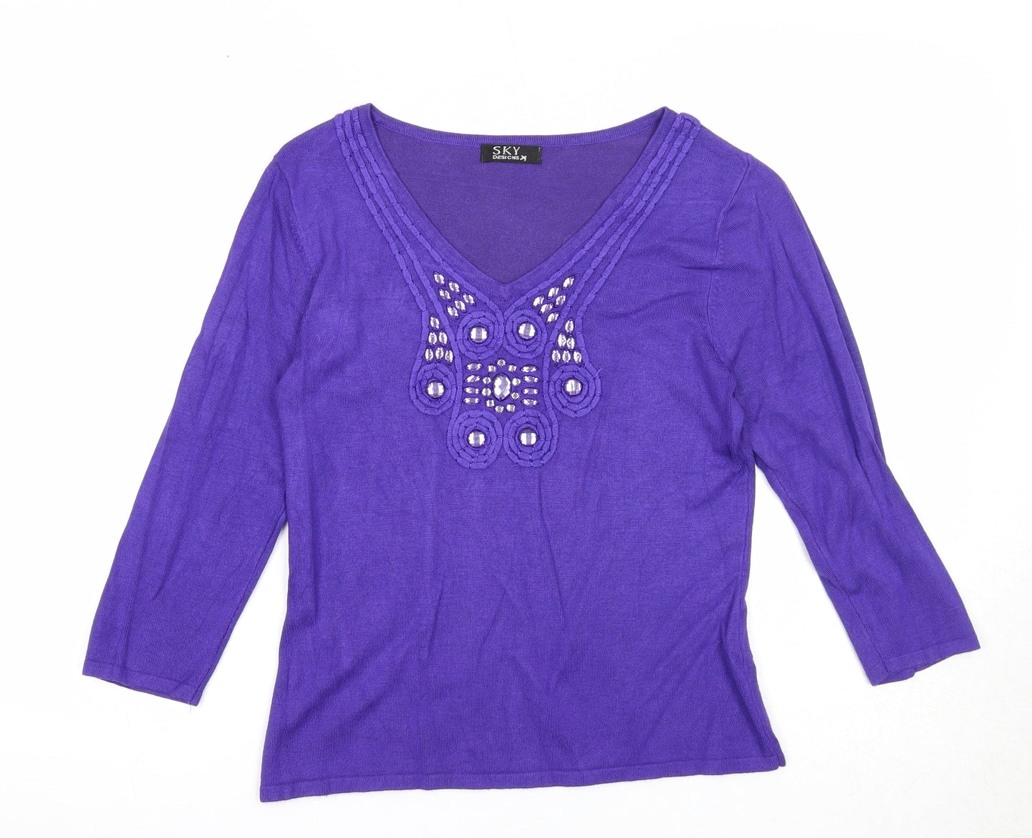 Sky Designs Womens Purple V-Neck Viscose Pullover Jumper Size 6