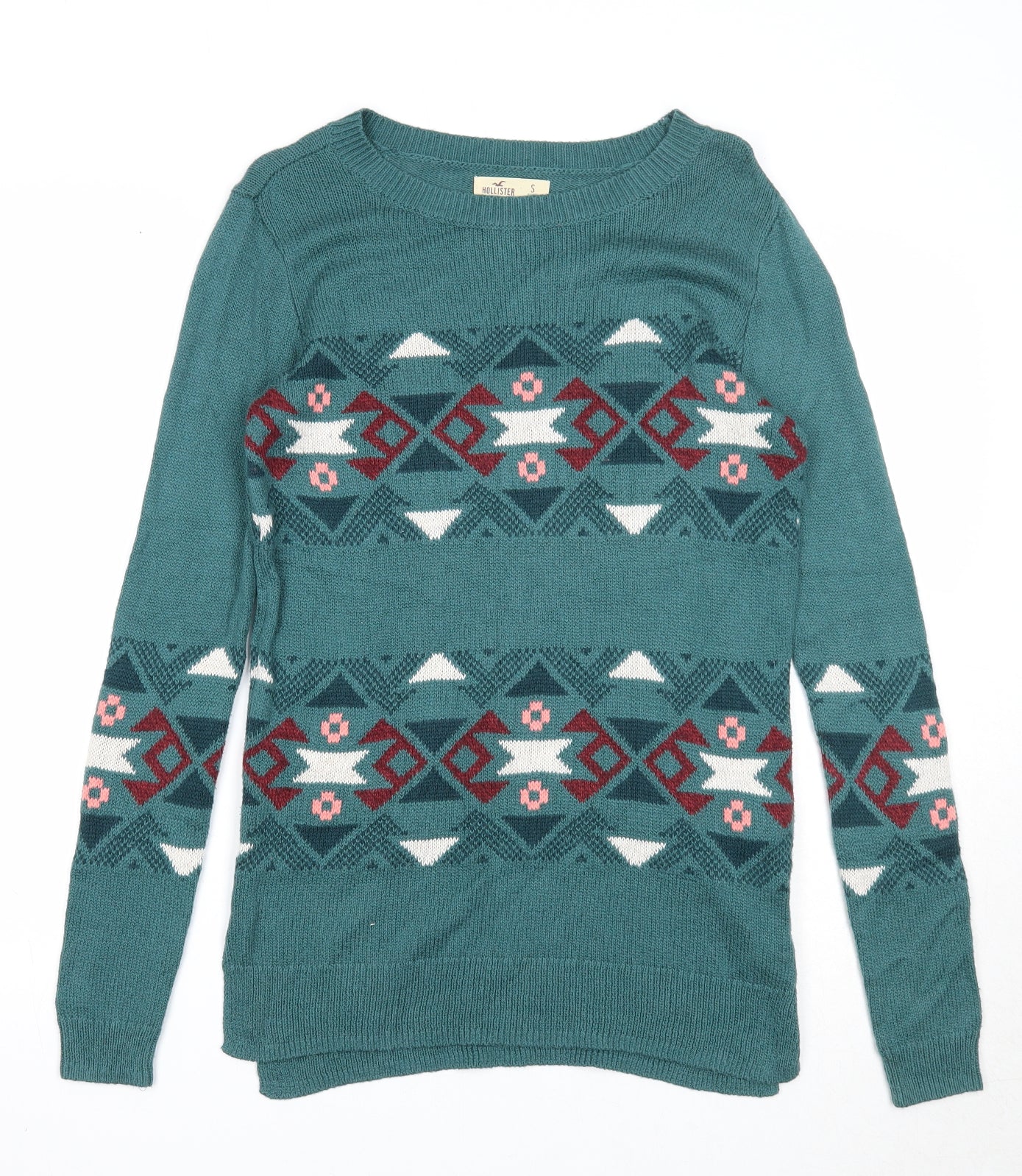 Hollister Womens Green Round Neck Geometric Cotton Pullover Jumper Size S